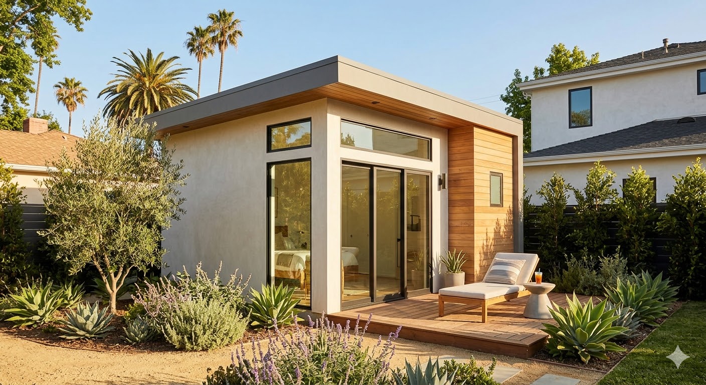 Modern finished backyard Accessory Dwelling Unit in Los Angeles with palm trees.