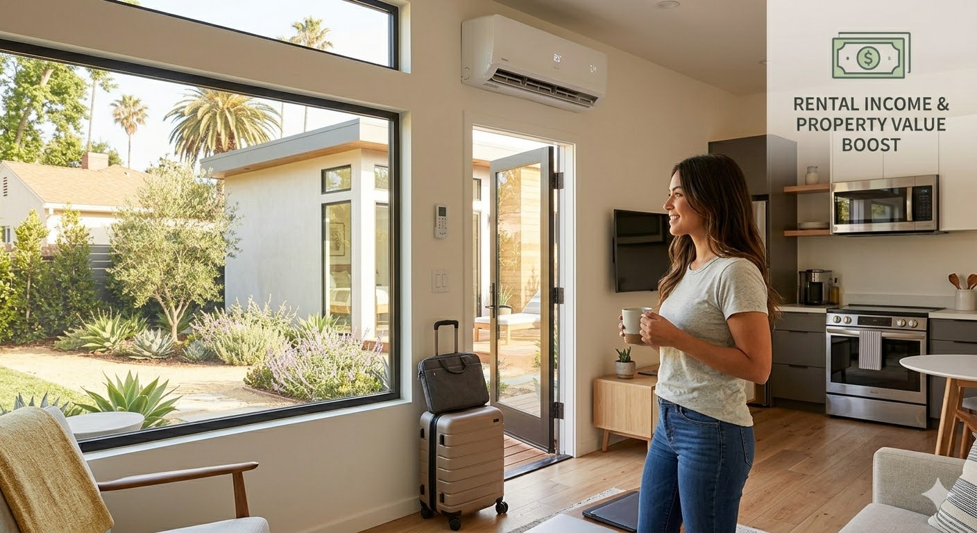 Smiling tenant in modern finished Los Angeles ADU interior with a rental income infographic overlay.