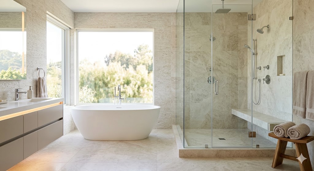 Before and after comparison of a bathroom remodel in Los Angeles.