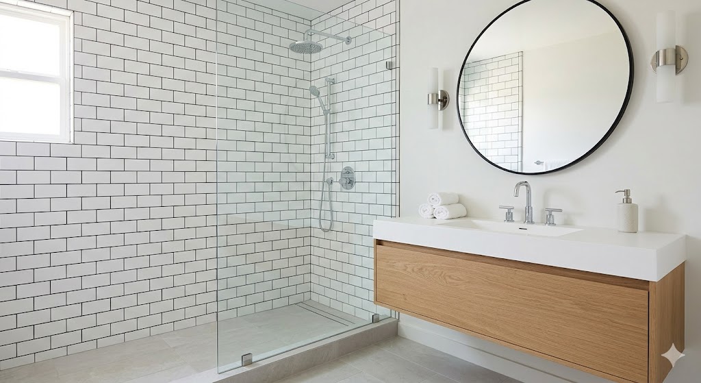 Luxury spa-like bathroom interior with custom shower and soaking tub.