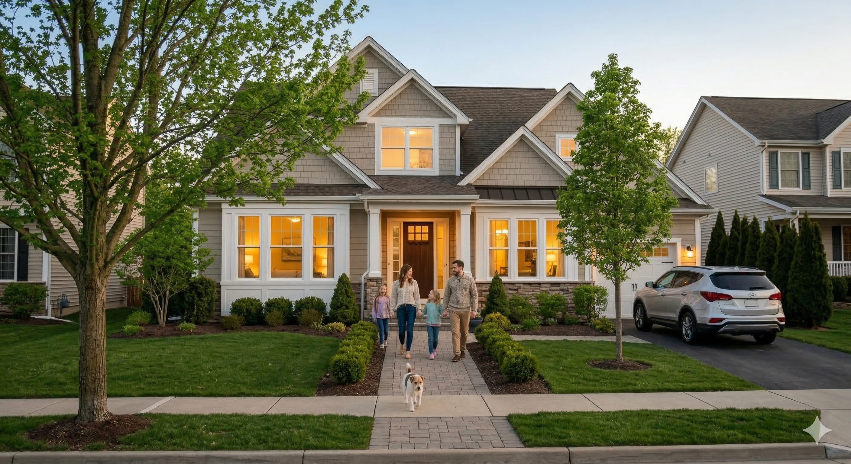 Family and dog walking toward a warm-lit, sunlit modern home